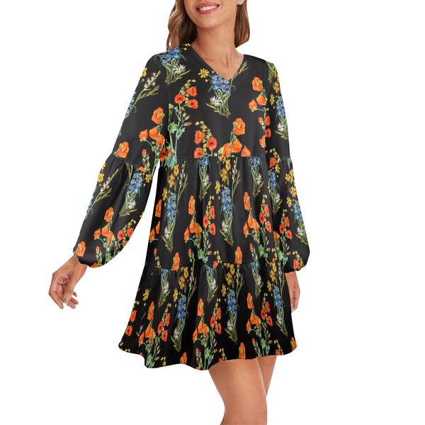 floral plant print V-Neck Loose Fit Dress (Model D66) - Objet D'Art
