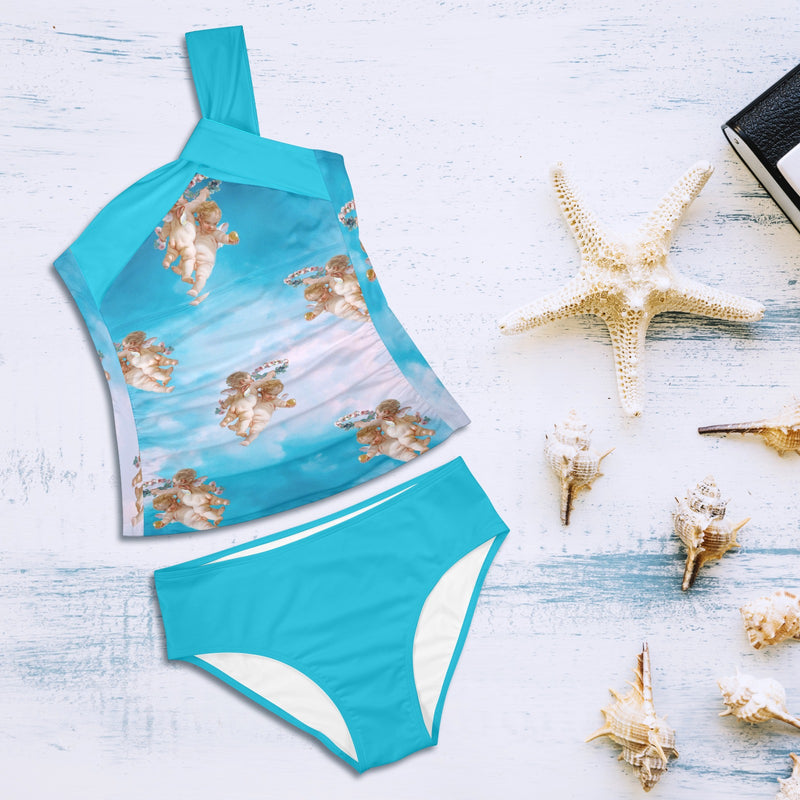 light blue print Women's One Shoulder Backless Swimsuit (Model S44) - Objet D'Art