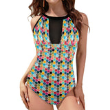 colorful hex swimwear print Women's High Neck Plunge Mesh Ruched Swimsuit (S43) - Objet D'Art