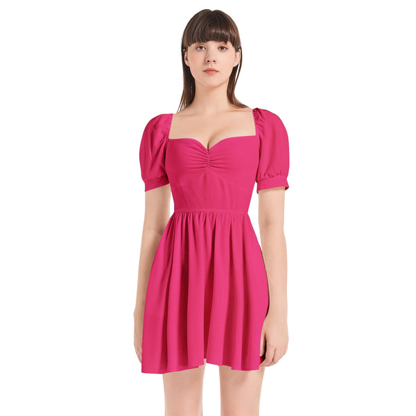 Pink Puff Sleeve Sweetheart Neck Short Dress - Objet D'Art