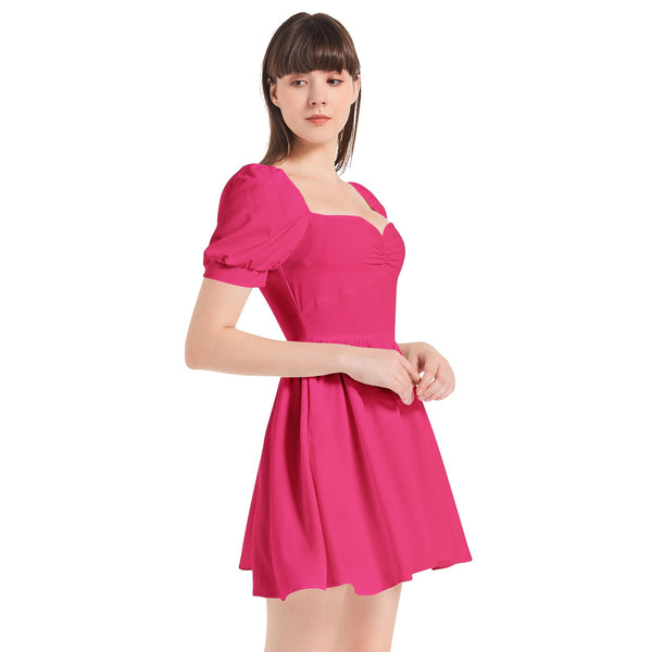 Pink Puff Sleeve Sweetheart Neck Short Dress - Objet D'Art