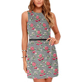 thin bw stripes roses red print 2 Eos Women's Sleeveless Dress (Model D01) - Objet D'Art