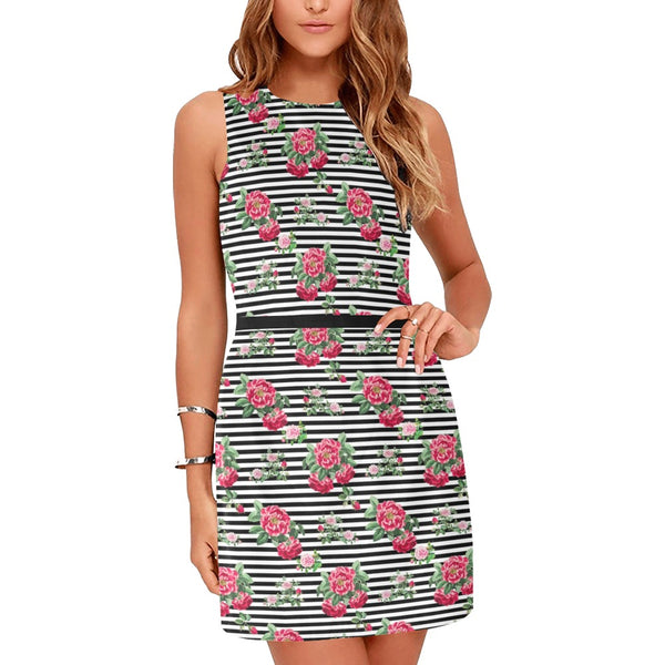 thin bw stripes roses red print 2 Eos Women's Sleeveless Dress (Model D01) - Objet D'Art