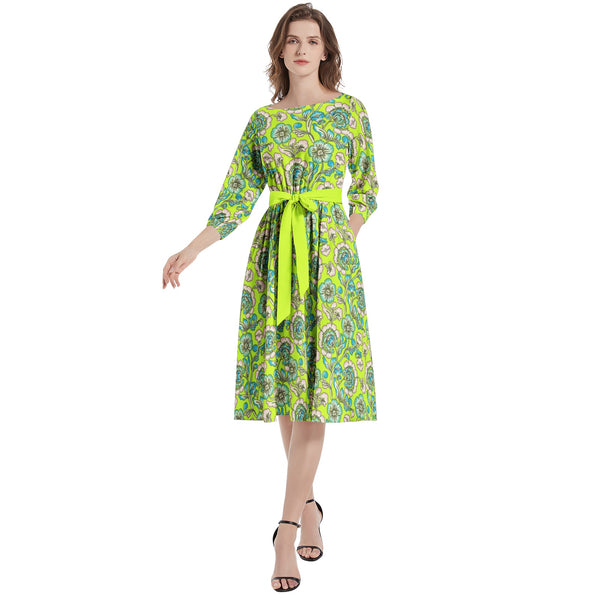 Boat Neck Belted Flared Dress - Objet D'Art