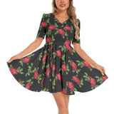 Red Rose Short Sleeve Ruched Bust Flared Hem Dress - Objet D'Art