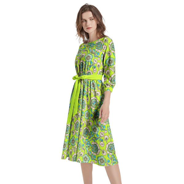 Boat Neck Belted Flared Dress - Objet D'Art