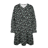 white florals on black mini print V-Neck Loose Fit Dress (Model D66) - Objet D'Art