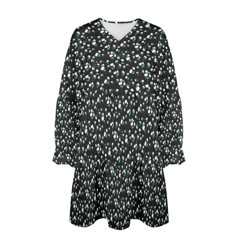 white florals on black mini print V-Neck Loose Fit Dress (Model D66) - Objet D'Art
