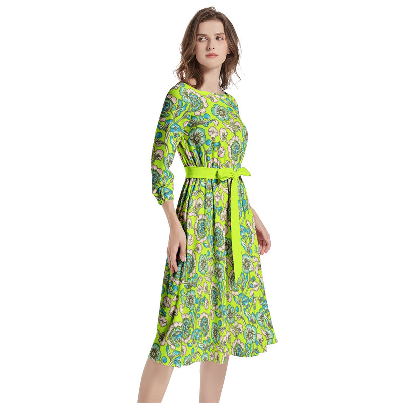 Boat Neck Belted Flared Dress - Objet D'Art