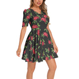 Red Rose Short Sleeve Ruched Bust Flared Hem Dress - Objet D'Art