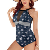 kemp logoed swimsuit gray print Women's High Neck Plunge Mesh Ruched Swimsuit (S43) - Objet D'Art