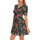 Red Rose Short Sleeve Ruched Bust Flared Hem Dress - Objet D'Art