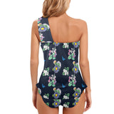 floral blue print 5 Women's One Shoulder Backless Swimsuit (Model S44) - Objet D'Art