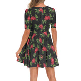 Red Rose Short Sleeve Ruched Bust Flared Hem Dress - Objet D'Art