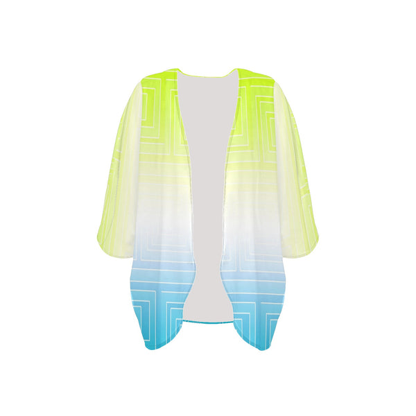 neon green greek key ombre print 8A Women's Kimono Chiffon Cover Up (Model H51) - Objet D'Art