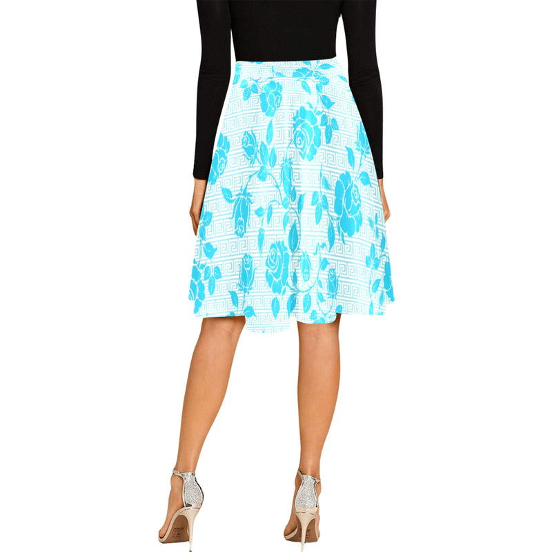 light blue greek key and medium blue roses print 2 Melete Pleated Midi Skirt (Model D15) - Objet D'Art
