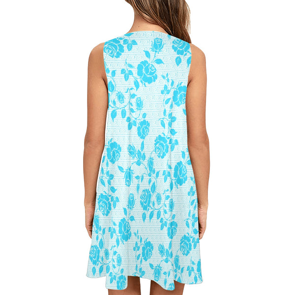 light blue greek key and medium blue roses print 2 Sleeveless A-Line Pocket Dress (Model D57) - Objet D'Art