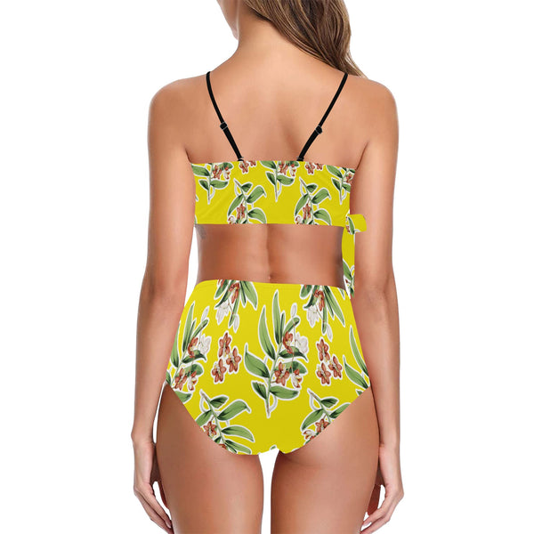 floral white stroke 9k Knot Side Bikini Swimsuit (Model S37) - Objet D'Art