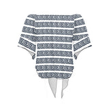 blue white greek key solid print Off Shoulder Knot Front Blouse (Model T71) - Objet D'Art