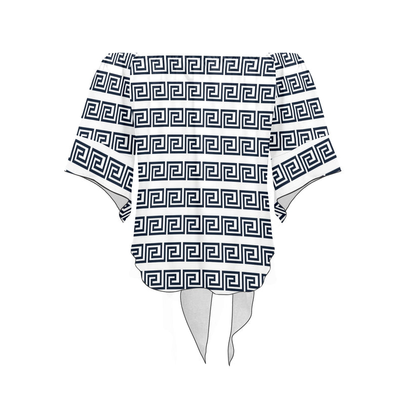 blue white greek key solid print Off Shoulder Knot Front Blouse (Model T71) - Objet D'Art