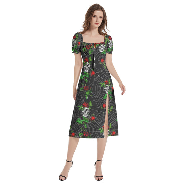 Skulls and Roses Puff Sleeve Split Thigh Midi Dress - Objet D'Art