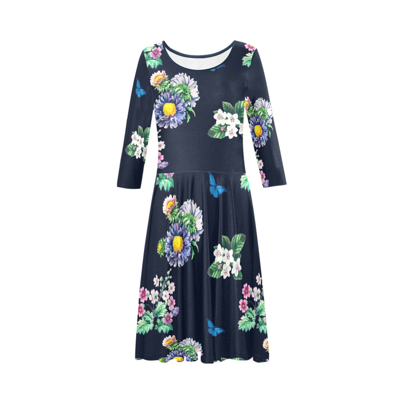 floral blue print 5 Tethys Half-Sleeve Skater Dress(Model D20) - Objet D'Art