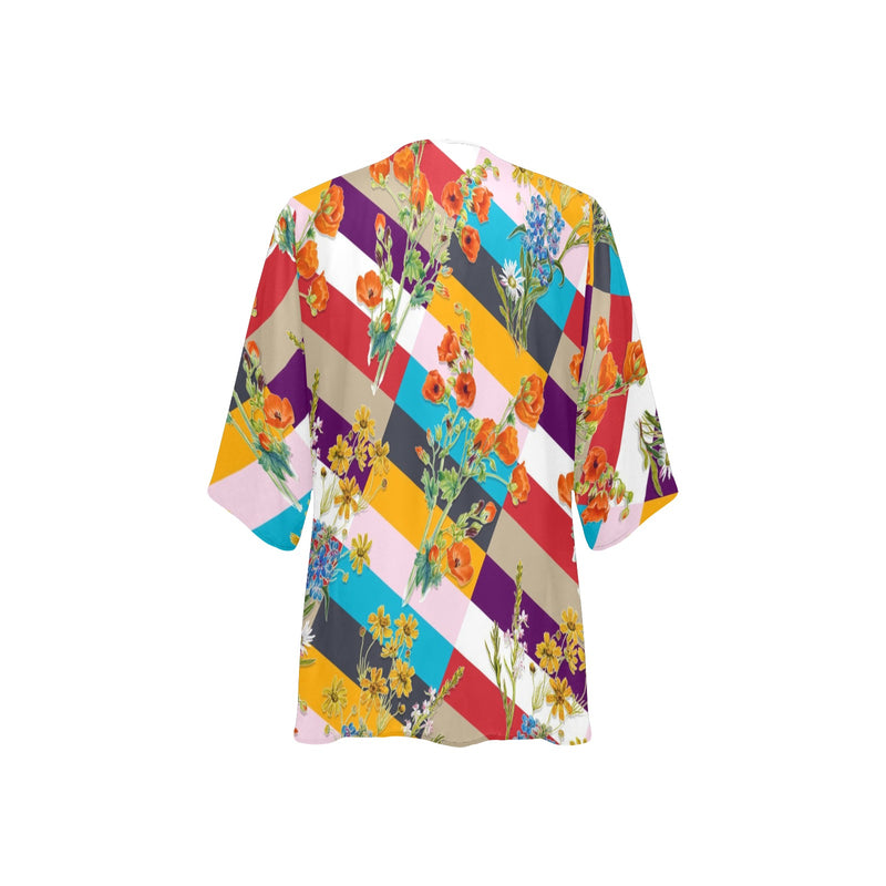 floral striped swimwear Women's Kimono Chiffon Cover Up (Model H51) - Objet D'Art