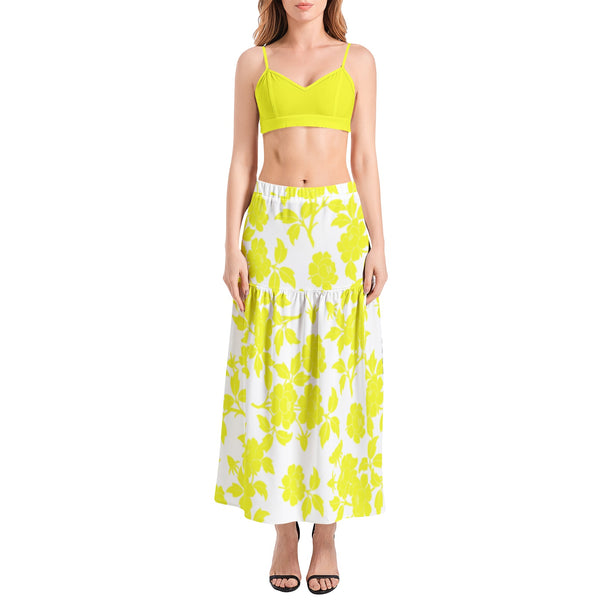 Yellow Rose Bralette Top and High Slit Thigh Skirt Set - Objet D'Art