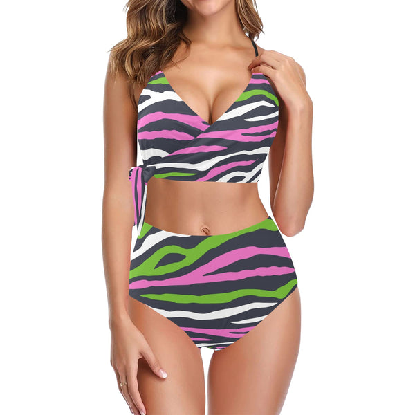 pink and green camo print Knot Side Bikini Swimsuit (Model S37) - Objet D'Art
