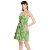 Pink & Green Paisley Print Spaghetti Strap Sleeveless Flared Hem Short Dress - Objet D'Art