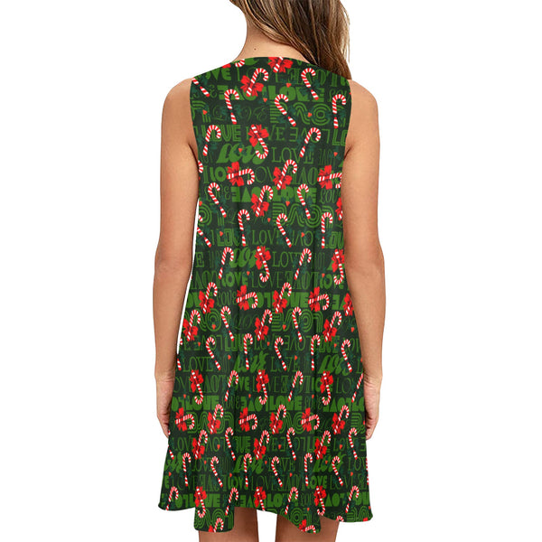 xmas green candy cane 9k Sleeveless A-Line Pocket Dress (Model D57) - Objet D'Art