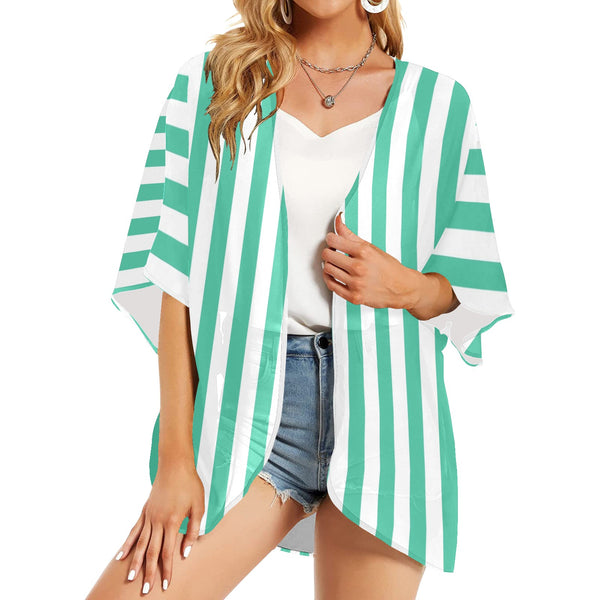 mint green striped print Women's Kimono Chiffon Cover Up (Model H51) - Objet D'Art