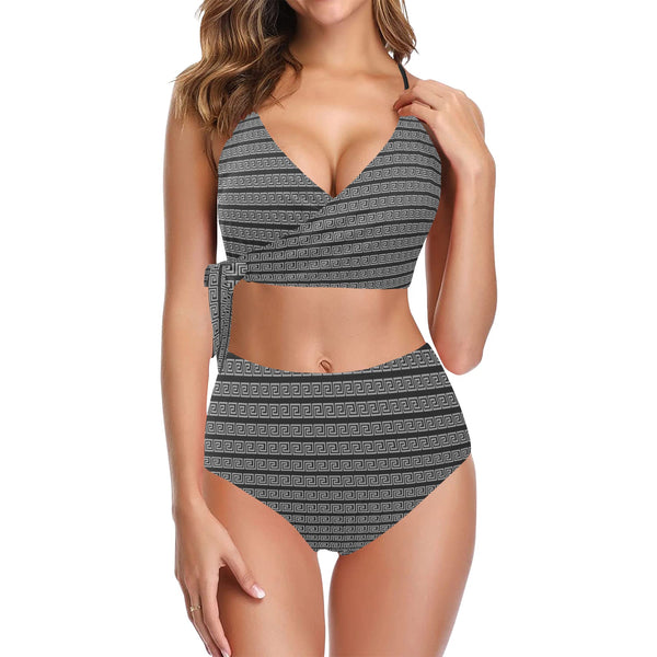 GRAY GREEK PRINT 2 Knot Side Bikini Swimsuit (Model S37) - Objet D'Art