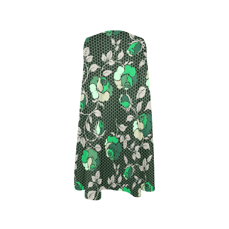 green rose print 2 Sleeveless A-Line Pocket Dress (Model D57) - Objet D'Art
