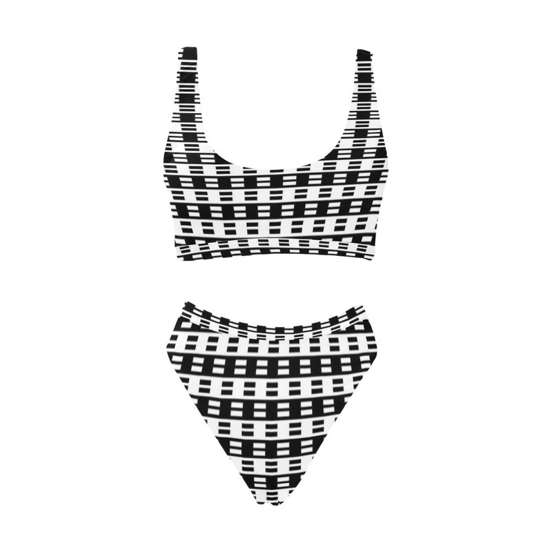 bw dash print Sport Top & High-Waisted Bikini Swimsuit (Model S07) - Objet D'Art
