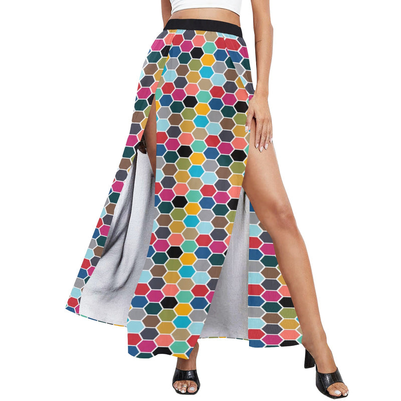 colorful hex swimwear print High Slit Long Beach Dress (Model S40) - Objet D'Art