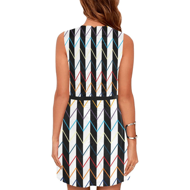 herringbone colored print 2 Eos Women's Sleeveless Dress (Model D01) - Objet D'Art