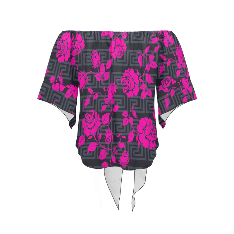 fuchsia rose on gray greek key print Off Shoulder Knot Front Blouse (Model T71) - Objet D'Art