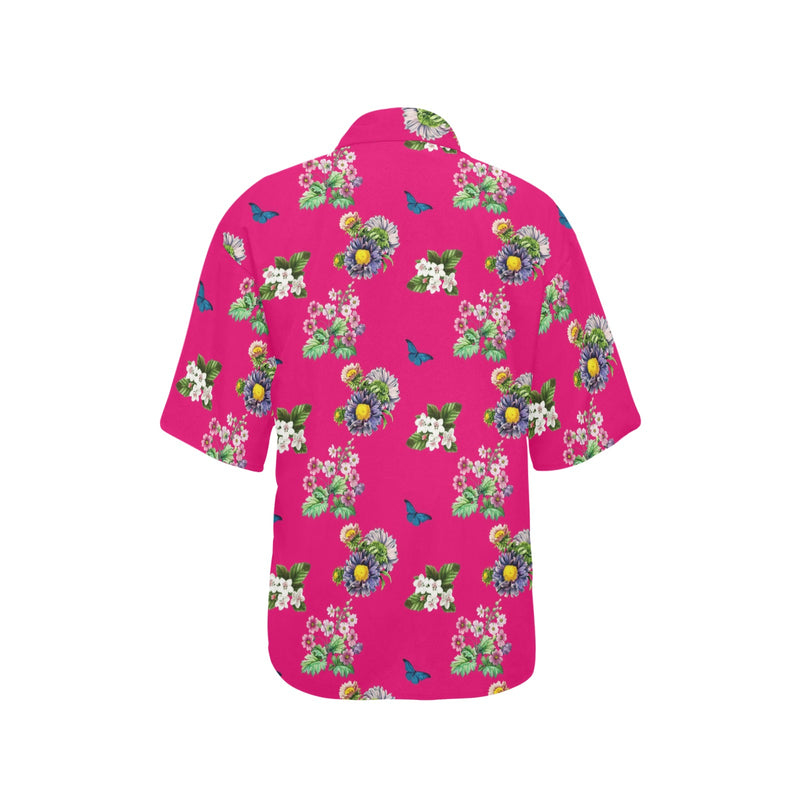 pink floral butterfly print All Over Print Hawaiian Shirt for Women (Model T58) - Objet D'Art