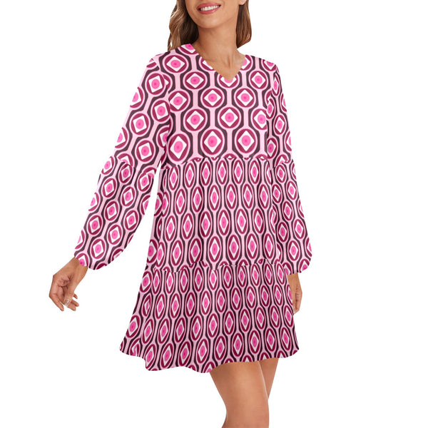 pink abstract pods print V-Neck Loose Fit Dress (Model D66) - Objet D'Art