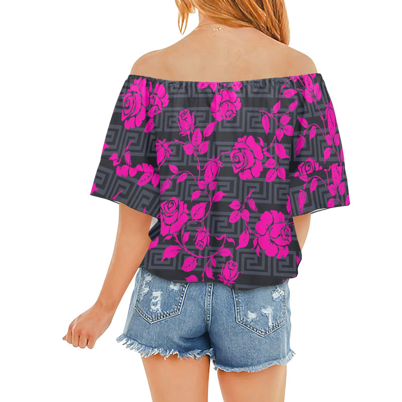 fuchsia rose on gray greek key print Off Shoulder Knot Front Blouse (Model T71) - Objet D'Art