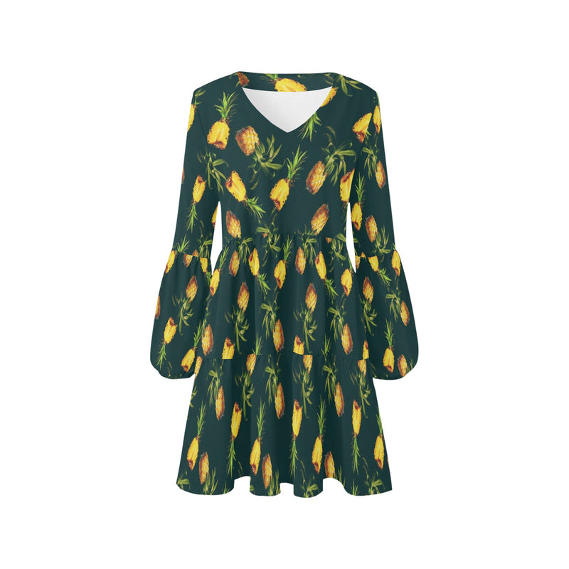 pineapple green print 4 V-Neck Loose Fit Dress (Model D62) - Objet D'Art
