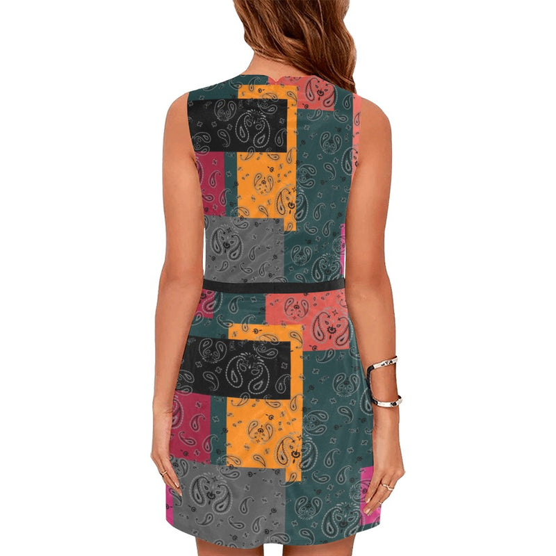 bandana print calico yoga_leggings_template-Recovered-Recovered copy Eos Women's Sleeveless Dress (Model D01) - Objet D'Art