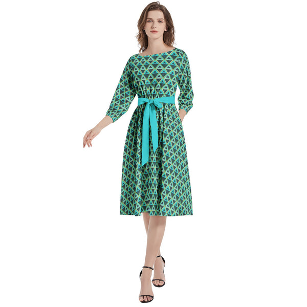 Boat Neck Belted Flared Dress - Objet D'Art