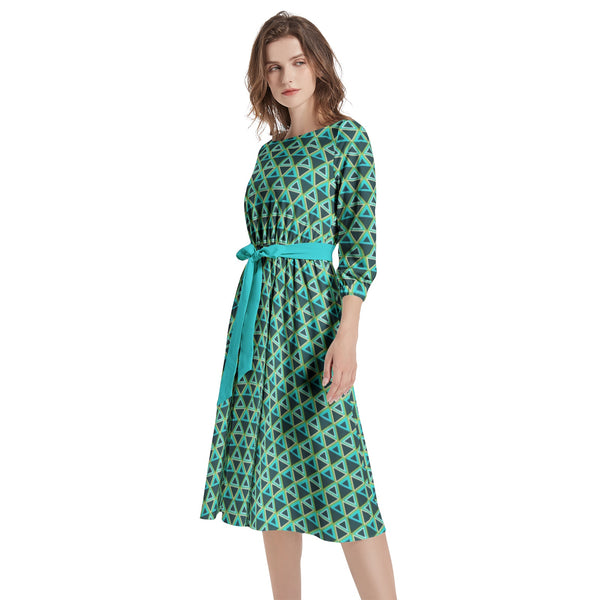 Boat Neck Belted Flared Dress - Objet D'Art
