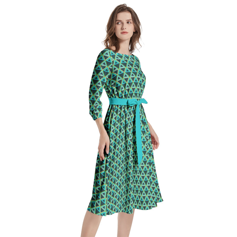 Boat Neck Belted Flared Dress - Objet D'Art