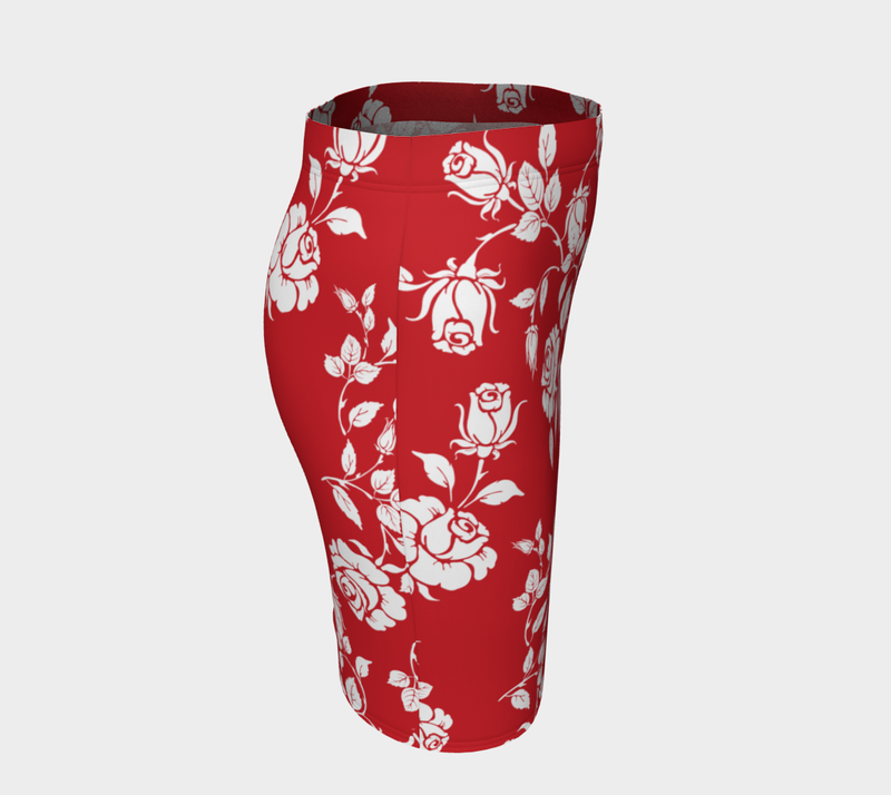 White Roses on Red Fitted Skirt - Objet D'Art