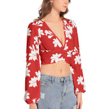 Women's Deep V-Neck Lantern Sleeve Crop Top