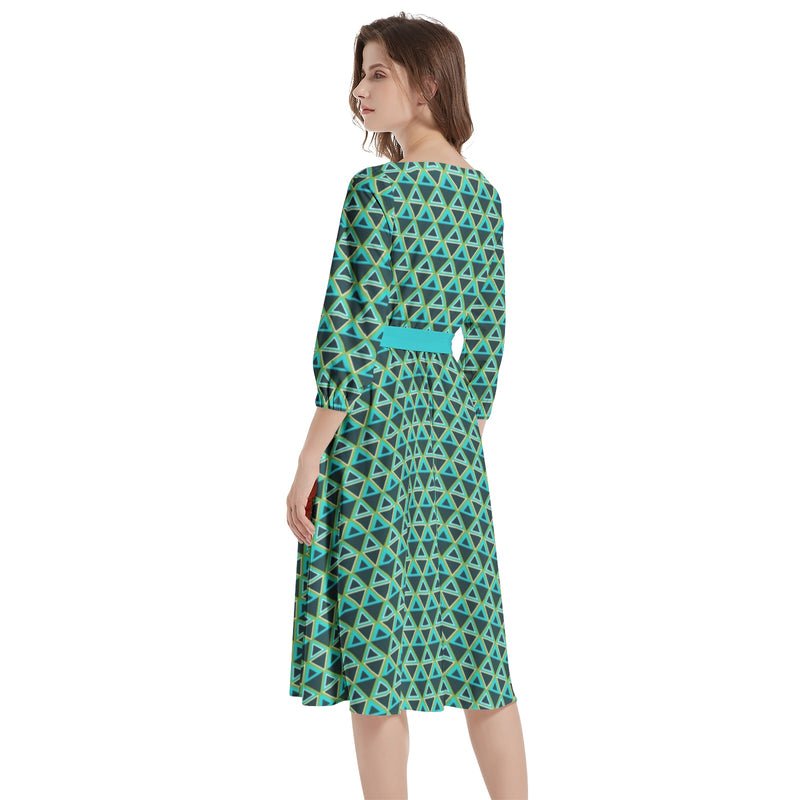 Boat Neck Belted Flared Dress - Objet D'Art