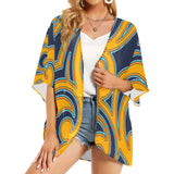scroll turmeric blue stroke print Women's Kimono Chiffon Cover Up (Model H51) - Objet D'Art